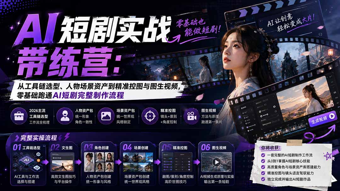图片[2]-AI短剧实战训练营：从工具链选型、人物场景资产到精准控图与图生视频，零基础跑通AI短剧完整制作流程-副业网