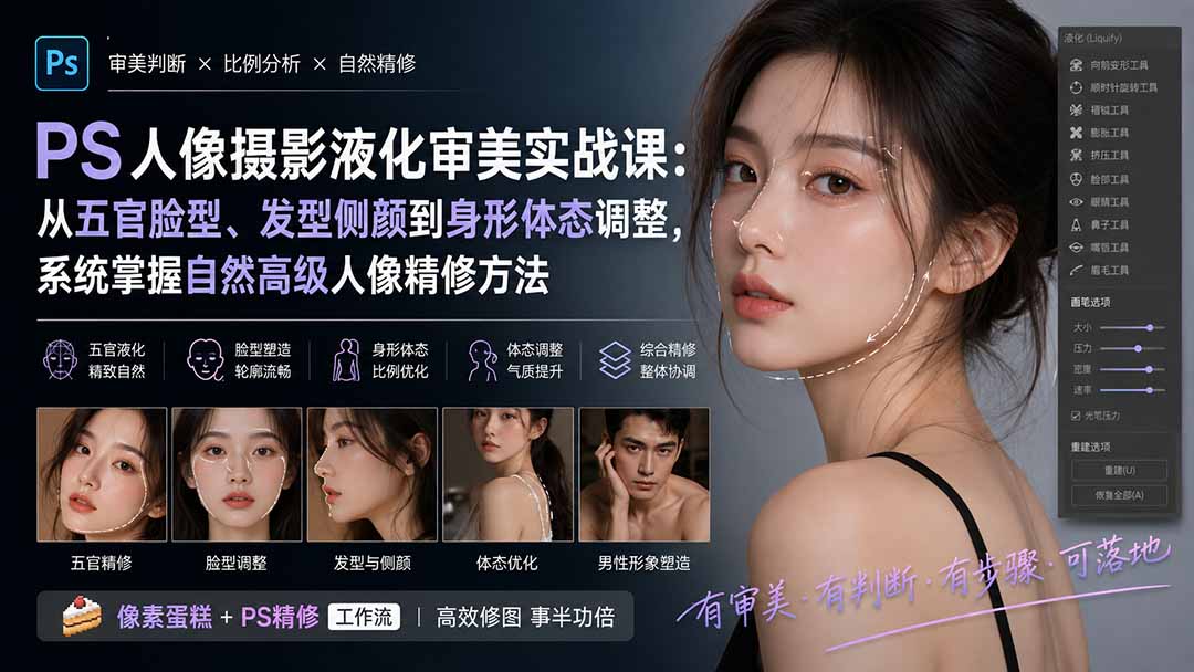 PS人像摄影液化审美实战课：从五官脸型、发型侧颜到身形体态调整，系统掌握自然高级人像精修方法-副业网