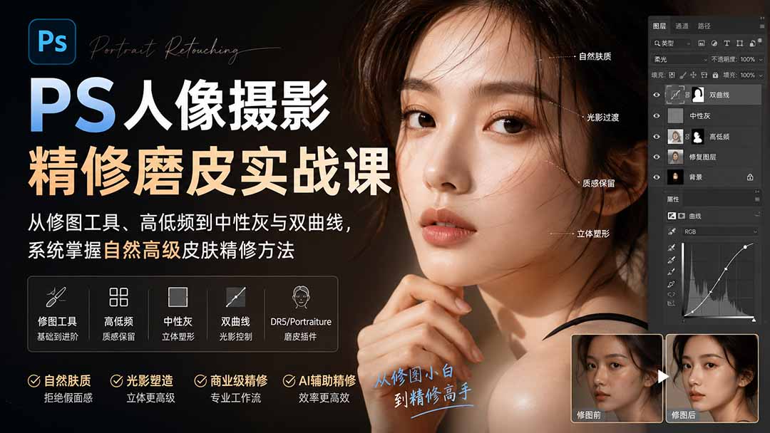 PS人像摄影精修磨皮实战课：从修图工具、高低频到中性灰与双曲线，系统掌握自然高级皮肤精修方法-副业网