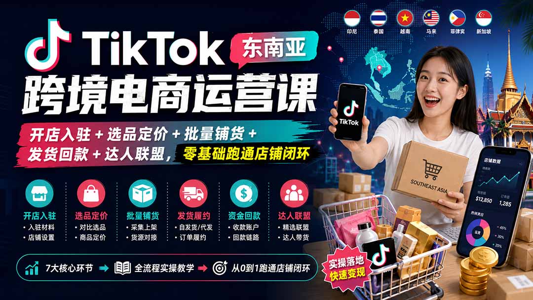 TikTok东南亚跨境电商运营课：开店入驻+选品定价+批量铺货+发货回款+达人联盟，零基础跑通店铺闭环-副业网