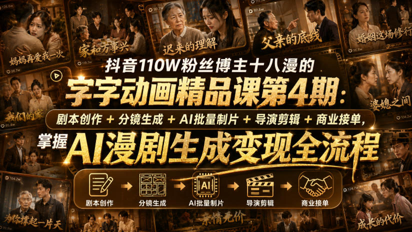抖音110W粉丝博主十八漫的字字动画精品课第4期：剧本创作+分镜生成+剪辑+商业接单，掌握AI漫剧生成变现全流程-副业网