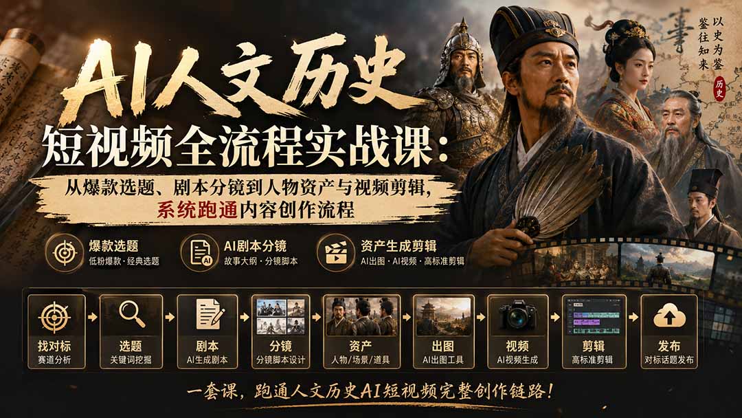 图片[2]-AI人文历史短视频全流程实战课：从爆款选题、剧本分镜到人物资产与视频剪辑，系统跑通内容创作流程-副业网