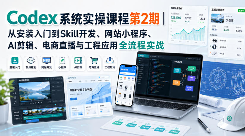Codex系统实操课程第2期｜从安装入门到Skill开发、网站小程序、AI剪辑、电商直播与工程应用全流程实战-副业网