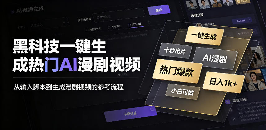 黑科技一键生成热门AI漫剧视频，十秒钟即可搞定，小白也能日入1k+【揭秘】-副业网