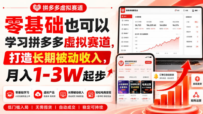 零基础也可以学习拼多多虚拟赛道，打造长期被动收入，月入1-3W起步-副业网