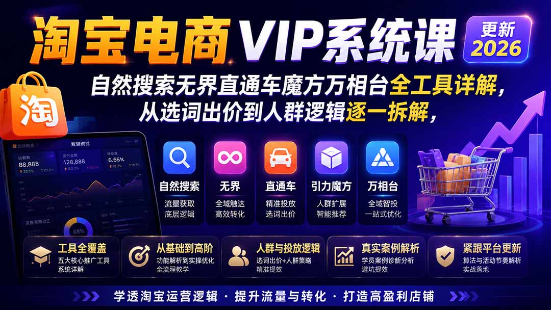 2026淘宝电商终局之战VIP课-更新：自然搜索+直通车+无界+精准人群，系统掌握测款动销与全店推广布局方法-副业网