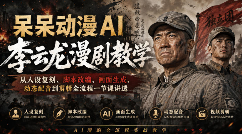 呆呆动漫AI李云龙漫剧教学，从人设复刻、脚本改编、画面生成、动态配音到剪辑全流程一节课讲透-副业网