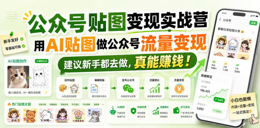 公众号贴图变现实战营，用AI贴图做公众号流量变现，建议新手都去做，真能賺钱！-副业网