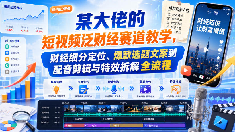 某大佬的短视频泛财经赛道教学，财经细分定位、爆款选题文案到配音剪辑与特效拆解全流程-副业网