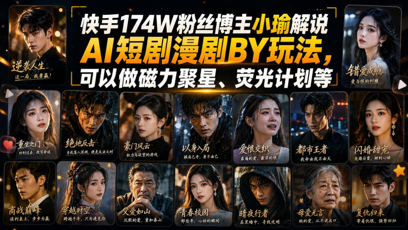 快手174W粉丝博主小瑜解说AI短剧漫剧搬运玩法，可以做磁力聚星、荧光计划等-副业网