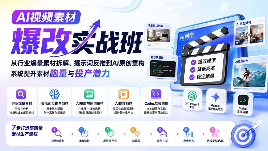 AI视频素材爆改实战班-更新8月：从行业爆量素材拆解、提示词反推到AI原创重构，系统提升素材跑量与投产潜力-副业网