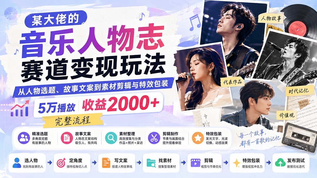 图片[2]-某大佬的音乐人物志赛道变现玩法：从人物选题、故事文案到素材剪辑与特效包装，5万播放收益2000+完整流程-副业网