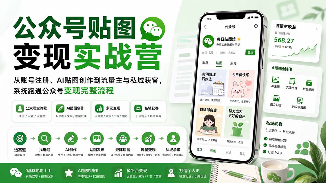 图片[2]-公众号贴图变现实战营：从账号注册、AI贴图创作到流量主与私域获客，系统跑通公众号变现完整流程-副业网