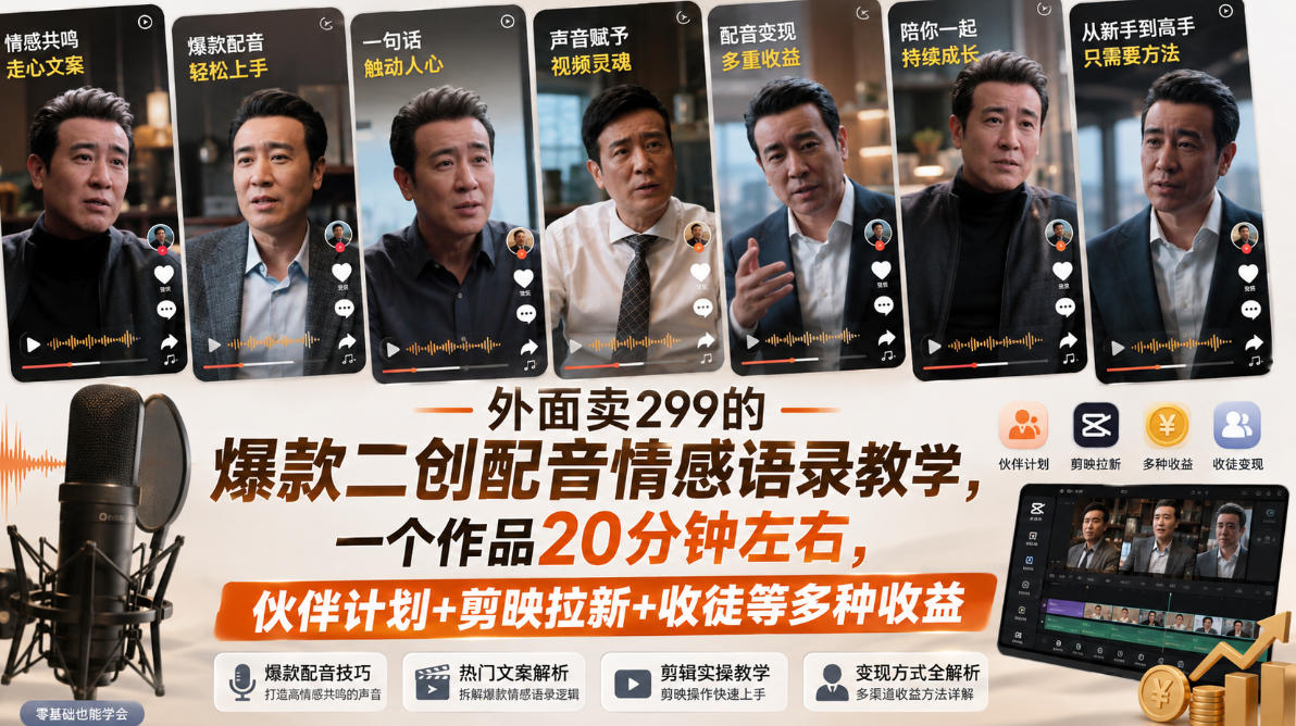 外面卖299的爆款二创配音情感语录教学，一个作品20分钟左右，伙伴计划+剪映拉新+收徒等多种收益-副业网