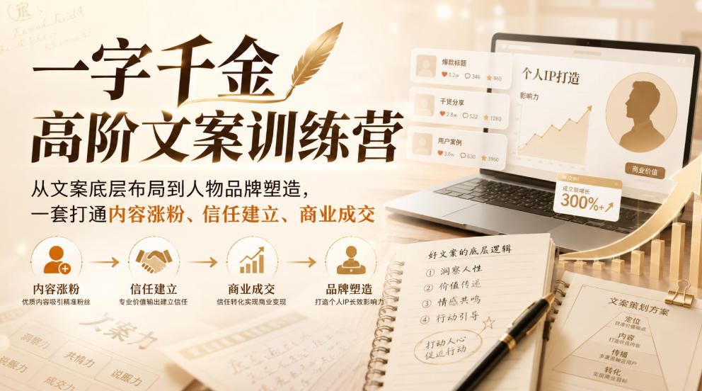 一字千金高阶文案训练营，从文案底层布局到人物品牌塑造，一套打通内容涨粉、信任建立、商业成交-副业网