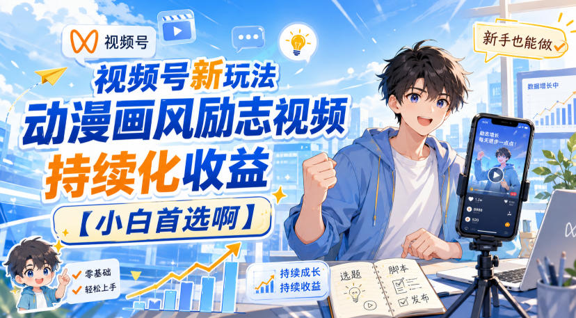 视频号新玩法动漫画风励志视频，持续化收益【小白首选啊】-副业网