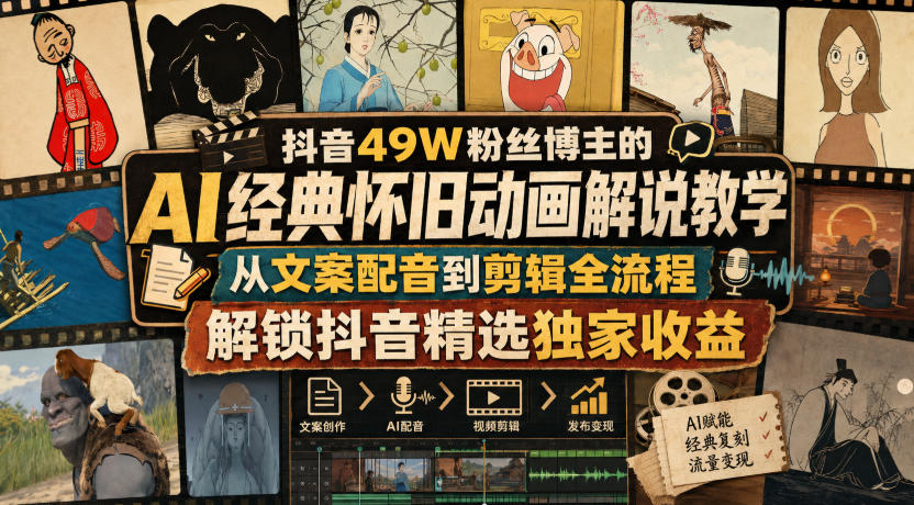 抖音49W粉丝博主的AI经典怀旧动画解说教学，从文案配音到剪辑全流程，解锁抖音精选独家收益-副业网