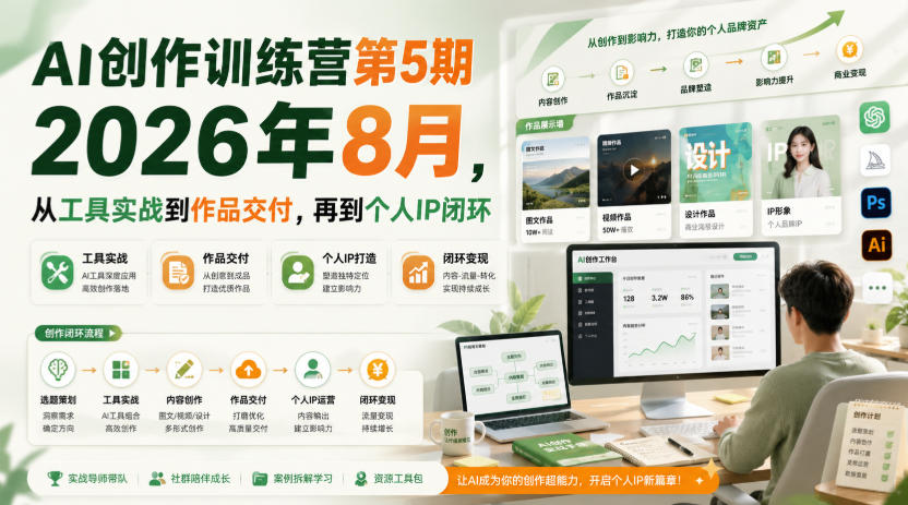 AI创作训练营第5期2026年8月，从工具实战到作品交付，再到个人IP闭环-副业网