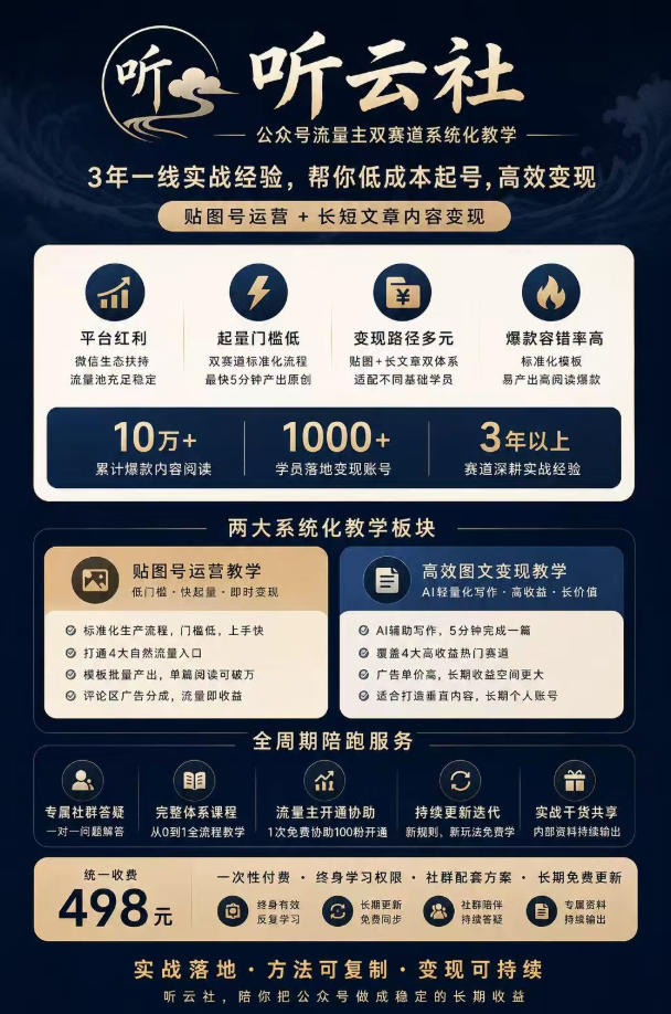 图片[2]-听云社公众号流量主双赛道系统化教学，3年一线实战经验，帮你低成本起号，高效变现，贴图号运营+长短文章内容变现-副业网
