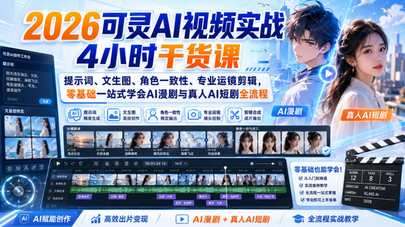 2026可灵AI视频实战4小时干货课｜提示词、文生图、角色一致性、专业运镜剪辑，零基础一站式学会AI漫剧与真人AI短剧全流程-副业网