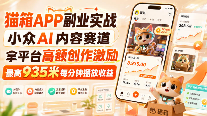猫箱APP副业实战，小众AI内容赛道，拿平台高额创作激励，最高935米每分钟播放收益-副业网