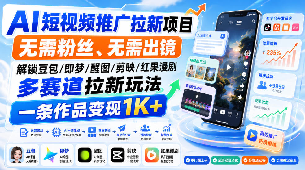 AI短视频推广拉新项目，无需粉丝、无需出镜，解锁豆包/即梦/醒图/剪映/红果漫剧多赛道拉新玩法，一条作品变现1K+-副业网