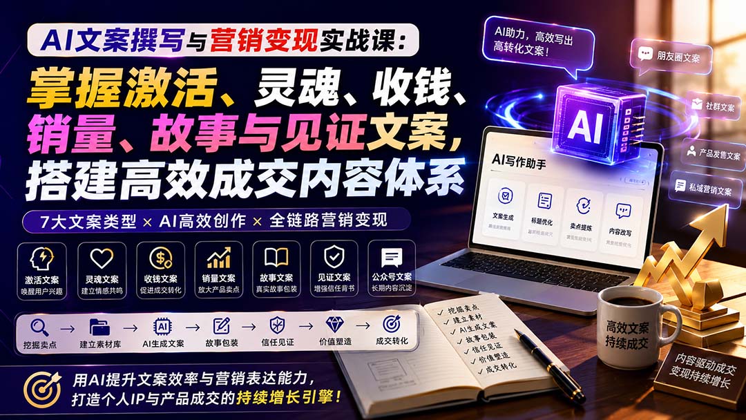 AI文案撰写与营销变现实战课：掌握激活、灵魂、收钱、销量、故事与见证文案，搭建高效成交内容体系-副业网