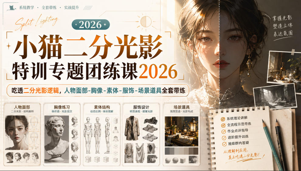 小猫二分光影特训专题团练课2026｜吃透二分光影逻辑，人物面部‑胸像‑素体‑服饰‑场景道具全套带练，高清画质附赠课件与笔刷-副业网