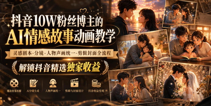 抖音10W粉丝博主的AI情感故事动画教学，灵感剧本‑分镜‑人物声画统一‑剪辑封面全流程，解锁抖音精选独家收益-副业网