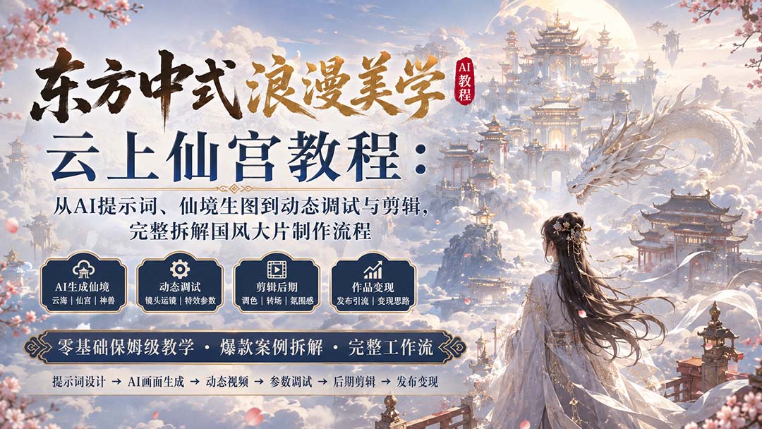 东方中式浪漫美学云上仙宫教程:从AI提示词、仙境生图到动态调试与剪辑,完整拆解国风大片制作流程-副业网