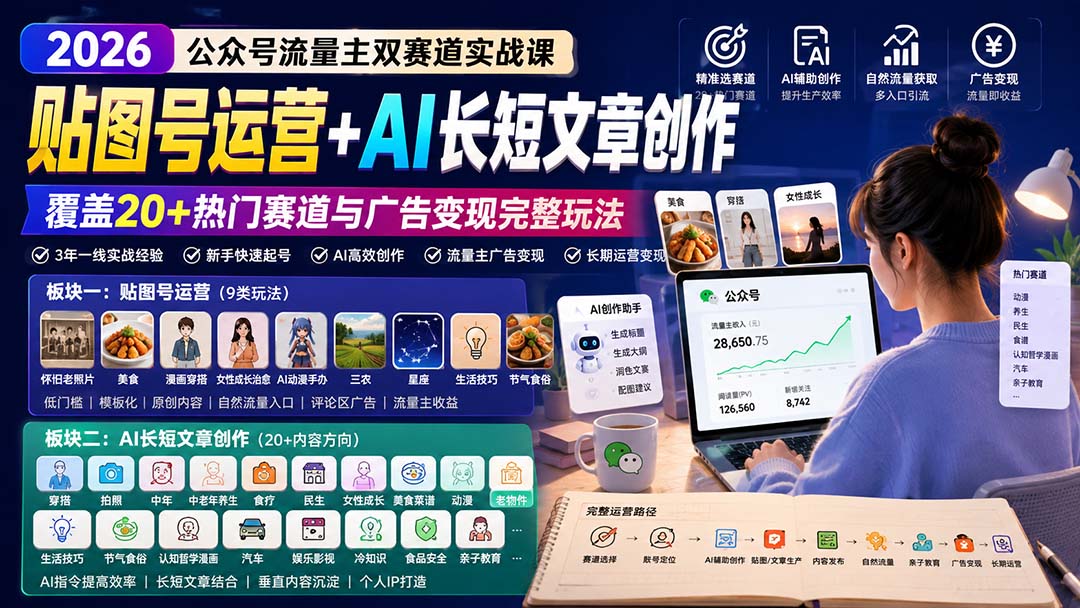 公众号流量主双赛道实战课：贴图号运营+AI长短文章创作，覆盖20+热门赛道与广告变现完整玩法-副业网