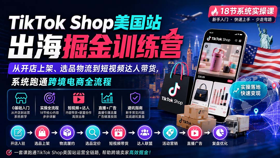 TikTok Shop美国站出海掘金训练营：从开店上架、选品物流到短视频达人带货，系统跑通跨境电商全流程-副业网