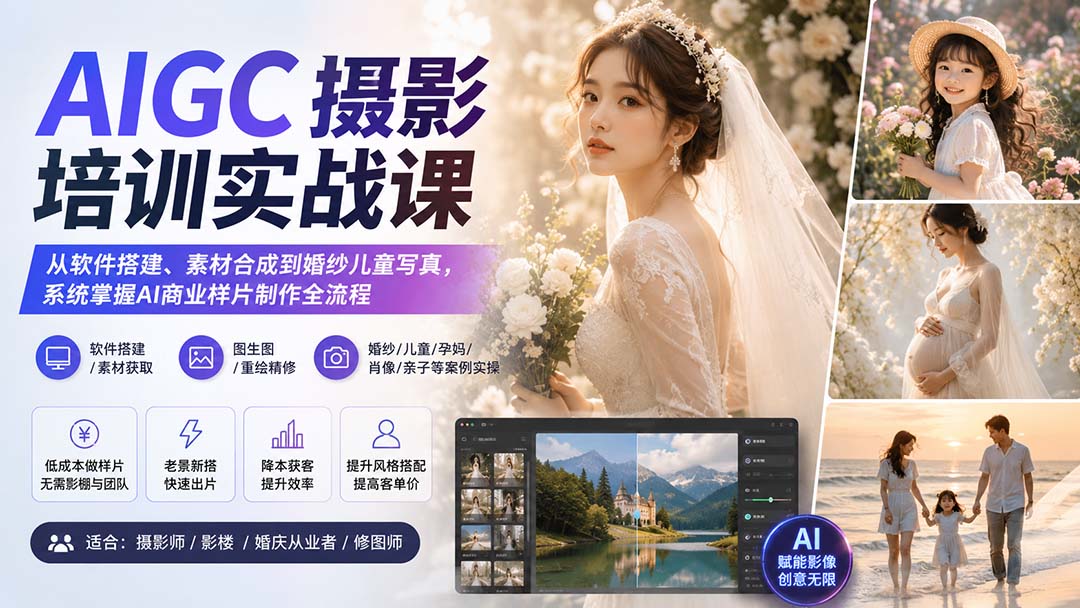 AIGC摄影培训实战课：从软件搭建、素材合成到婚纱儿童写真，系统掌握AI商业样片制作全流程-副业网