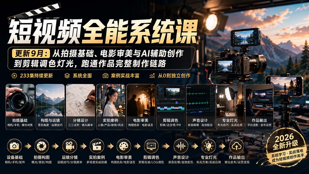 短视频全能系统课-更新8月233集：从拍摄基础、电影审美与AI辅助创作到剪辑调色灯光，跑通作品完整制作链路-副业网