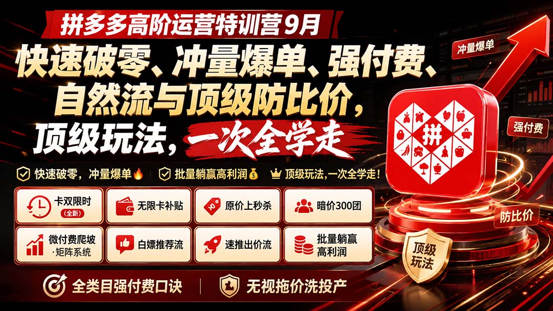 拼多多高阶运营特训营9月：快速破零、冲量爆单、强付费、自然流与顶级防比价， 顶级玩法，一次全学走-副业网