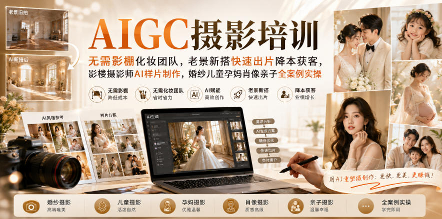 AIGC摄影培训｜无需影棚化妆团队，老景新搭快速出片降本获客，影楼摄影师AI样片制作，婚纱儿童孕妈肖像亲子全案例实操-副业网