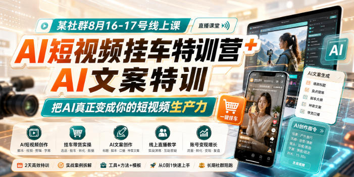 某社群8月16-17号线上课，AI短视频挂车特训营+AI文案特训，把AI真正变成你的短视频生产力-副业网