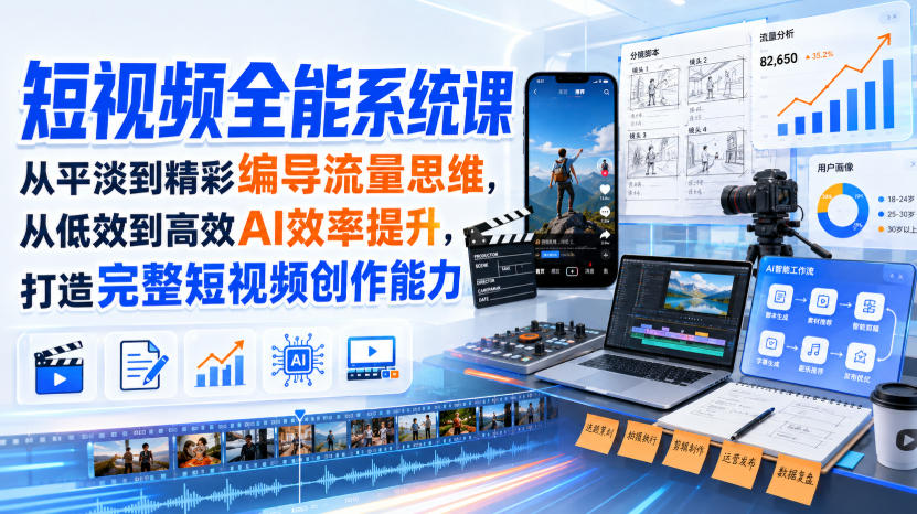 短视频全能系统课，从平淡到精彩编导流量思维，从低效到高效AI效率提升，打造完整短视频创作能力(2026年8月30更新233集)-副业网