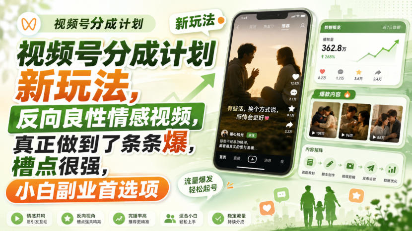 视频号分成计划新玩法，反向良性情感视频，真正做到了条条爆，槽点很强，小白副业首选项-副业网