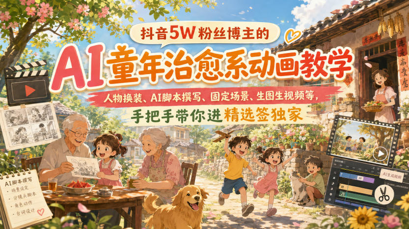 抖音5W粉丝博主的AI童年治愈系动画教学，人物换装、AI脚本撰写、固定场景、生图生视频等，手把手带你进精选签独家-副业网