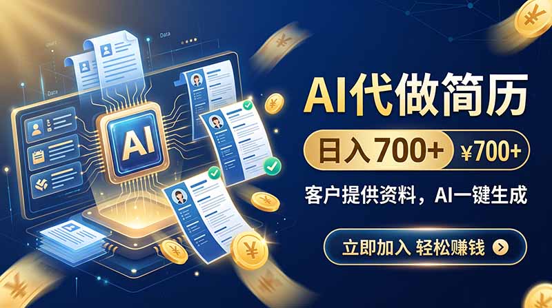 AI代做简历，日入700+，客户提供资料，AI一键生成-副业网