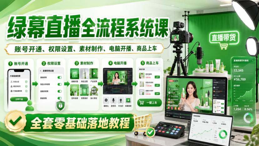 绿幕直播全流程系统课，账号开通、权限设置、素材制作、电脑开播、商品上车全套零基础落地教程-副业网