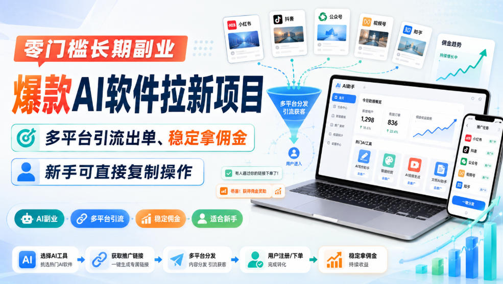 零门槛长期副业，爆款AI软件拉新项目，多平台引流出单、稳定拿佣金，新手可直接复制操作-副业网