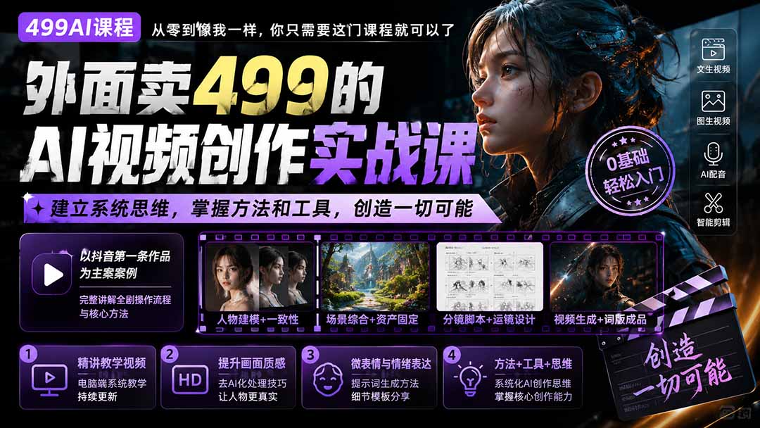 外面卖499的AI视频创作实战课：建立系统思维，掌握方法和工具，创造一切可能。-副业网