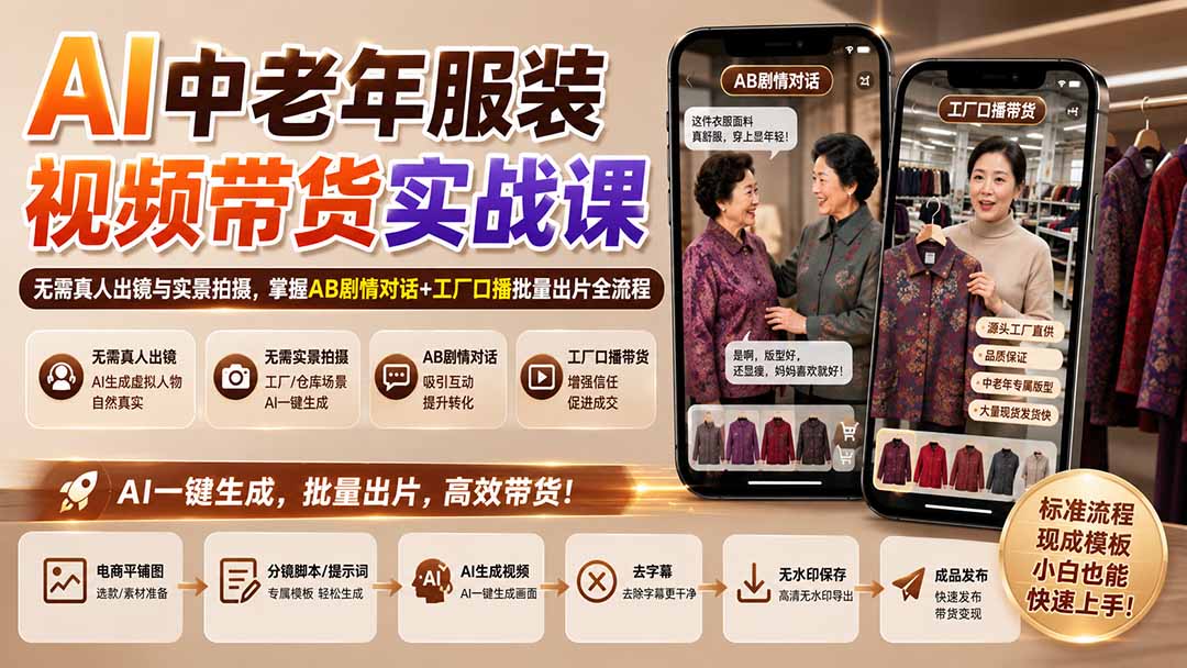 AI中老年服装视频带货实战课：无需真人出镜与实景拍摄，掌握AB剧情对话+工厂口播批量出片全流程-副业网
