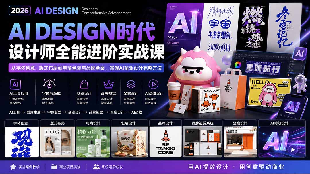 2026AI DESIGN时代设计师全能进阶实战课：从字体创意、版式布局到电商包装与品牌全案，掌握AI商业设计完整方法-副业网
