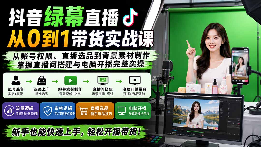 图片[2]-抖音绿幕直播从0到1带货实战课：从账号权限、直播选品到背景素材制作，掌握直播间搭建与电脑开播完整实操-副业网