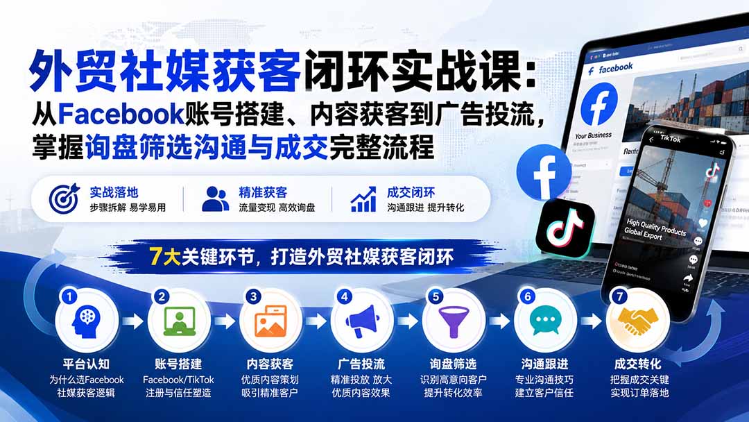 外贸社媒获客闭环实战课：从Facebook账号搭建、内容获客到广告投流，掌握询盘筛选沟通与成交完整流程-副业网