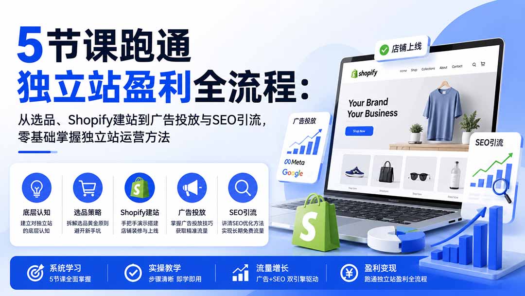 5节课跑通独立站盈利全流程：从选品、Shopify建站到广告投放与SEO引流，零基础掌握独立站运营方法-副业网