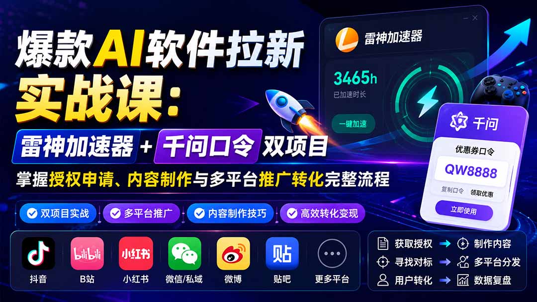 图片[2]-爆款AI软件拉新实战课：雷神加速器+千问口令双项目，掌握授权申请、内容制作与多平台推广转化完整流程-副业网